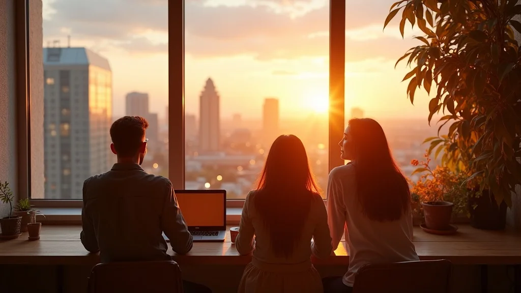 Orange County founders looking forward after Thanksgiving, united, optimistic, viewing skyline from modern coworking space, subtle autumn decor, sunrise tones, photorealistic, hopeful expressions.