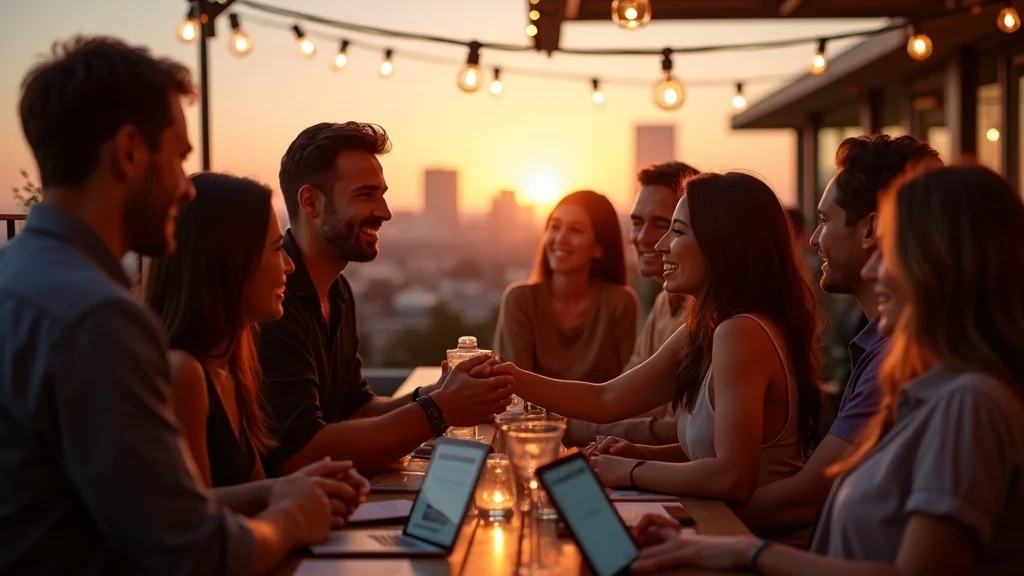 Group of diverse professionals engaging in conversation and networking at a sunset rooftop event, reflecting collaboration and community spirit in Orange County's startup ecosystem.
