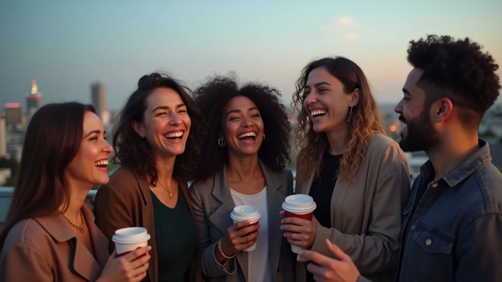 Founder leadership evolution - diverse founders celebrating success on rooftop terrace at dusk