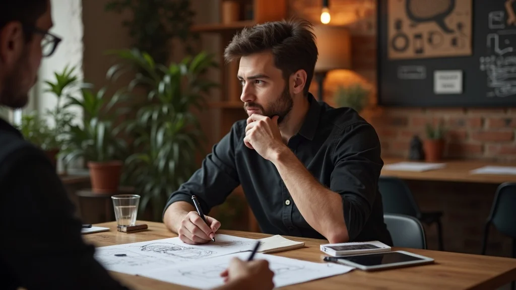 Startup founder explaining business model during interview—Spotlight on Startups session, creative workspace, product prototypes.