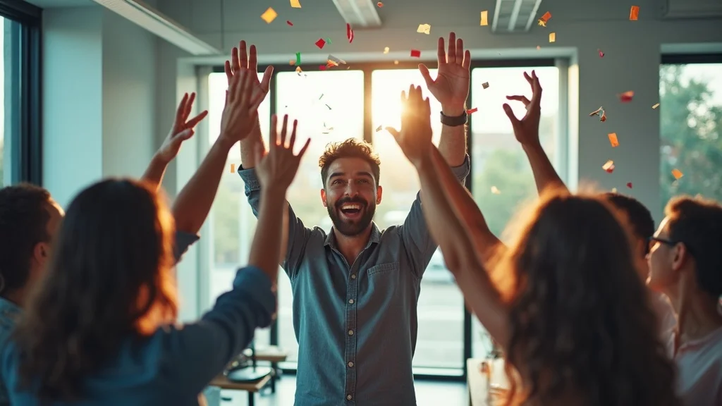 Innovative startup founder celebrating team success, showcasing the rewards of leveraging founder best practices for growth.