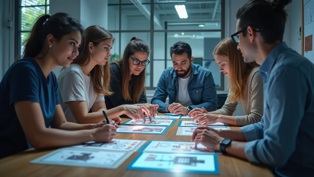 Group of diverse professionals collaborating around a table, reviewing design prototypes and discussing ideas in a modern workspace, emphasizing teamwork and innovation in software development.