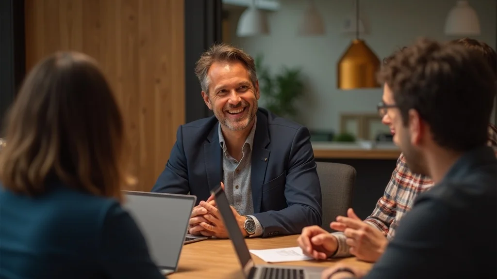 Founder leadership evolution - confident founder engaging leadership team in collaborative discussion