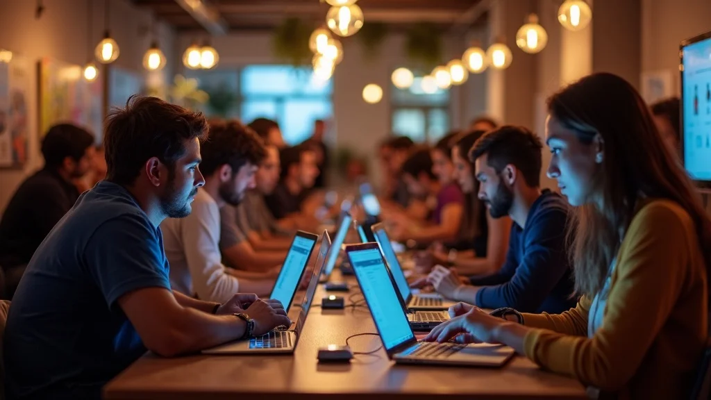 Tech meetup with enthusiastic founders and digital screens at an OC coworking space, startup ecosystem map
