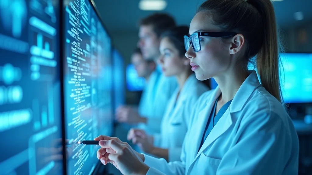 Female scientist in lab coat using a digital display, analyzing data related to AI applications in med-tech and healthcare innovation, with colleagues in the background engaged in similar activities.