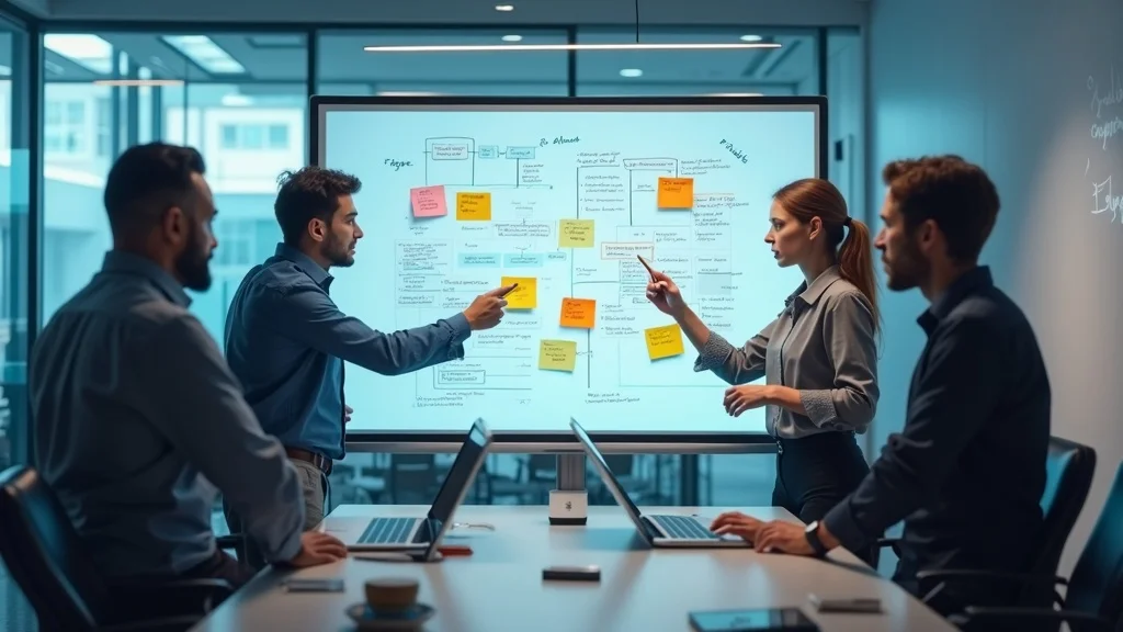 Team collaborating in a modern office, discussing project flowcharts with sticky notes on a presentation board, laptops open on the table, emphasizing structured creativity and innovation in software development.