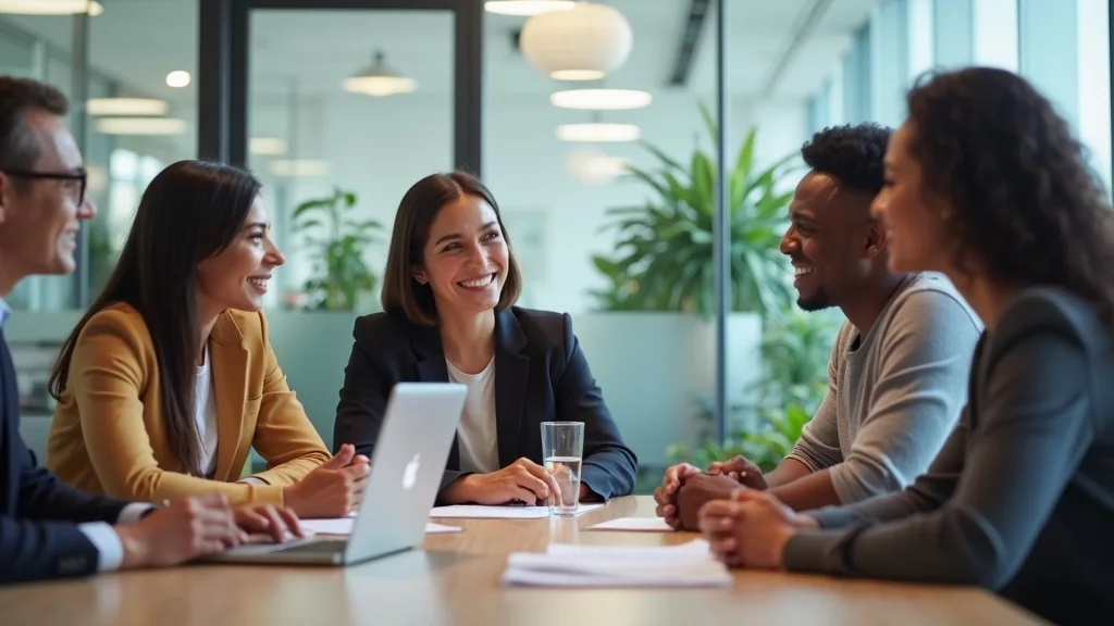 Orange County startup recruiters and diverse candidate in a modern glass-walled office, laptops and resumes visible, engaged in confident conversation. Tech staffing in Orange County visual.