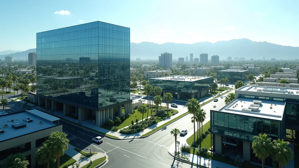 Modern glass office building in Orange County, California, surrounded by palm trees and commercial spaces, highlighting the region's growing startup ecosystem and attractive business environment.