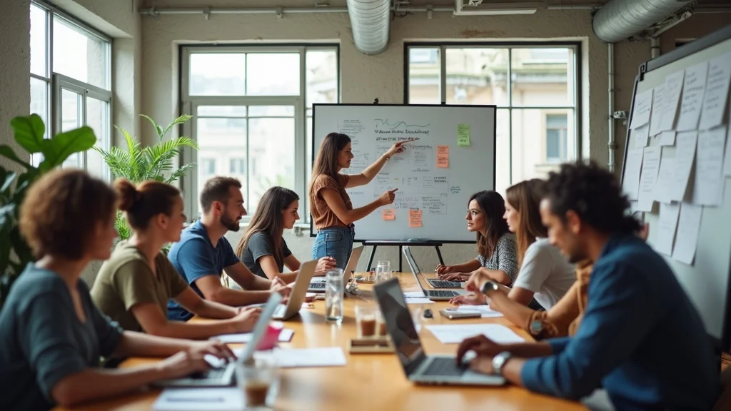 startup fundraising tips - energetic team collaborating in busy open-plan startup office with brainstorming session