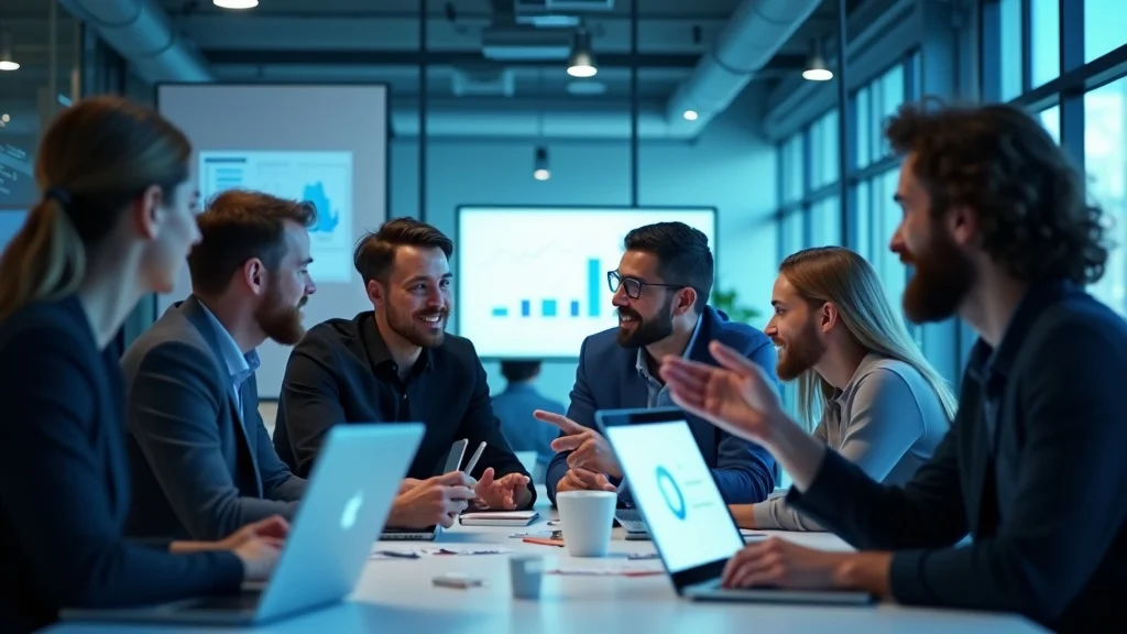 Group of professionals collaborating in a modern office, discussing startup growth strategies, with laptops and data charts in the background.