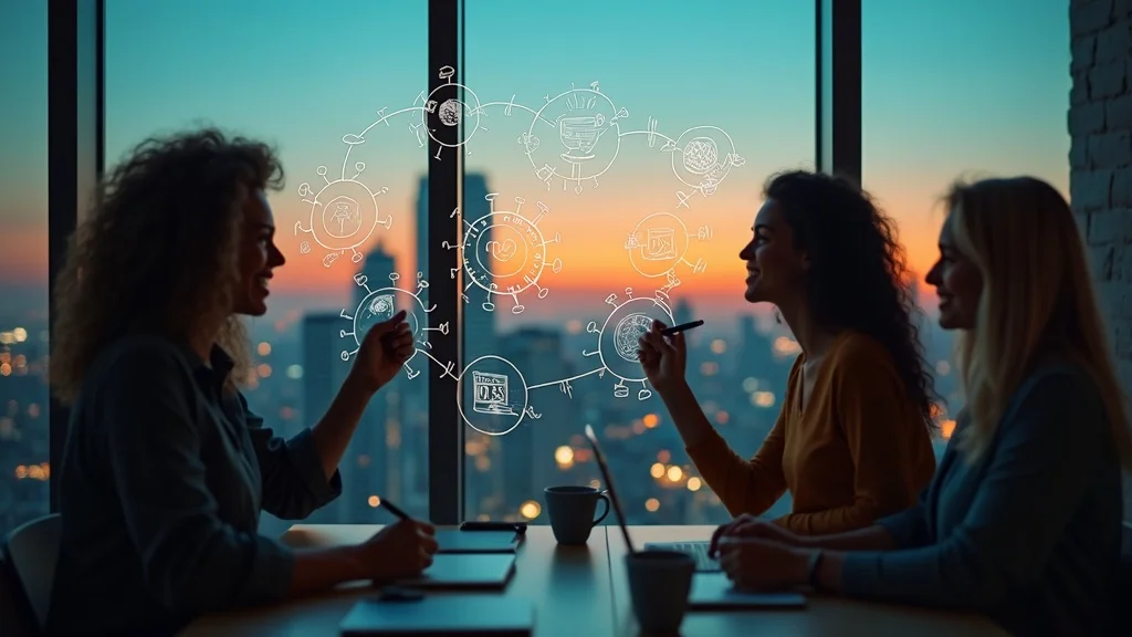 Three women collaborating in a modern office, discussing growth strategies for startups, with a sunset cityscape in the background and visual diagrams illustrating user engagement and marketing concepts.