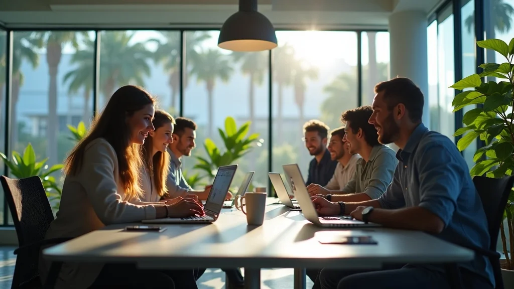 Group of diverse professionals collaborating in a bright, modern workspace with laptops, surrounded by greenery, highlighting Orange County's vibrant tech startup culture.