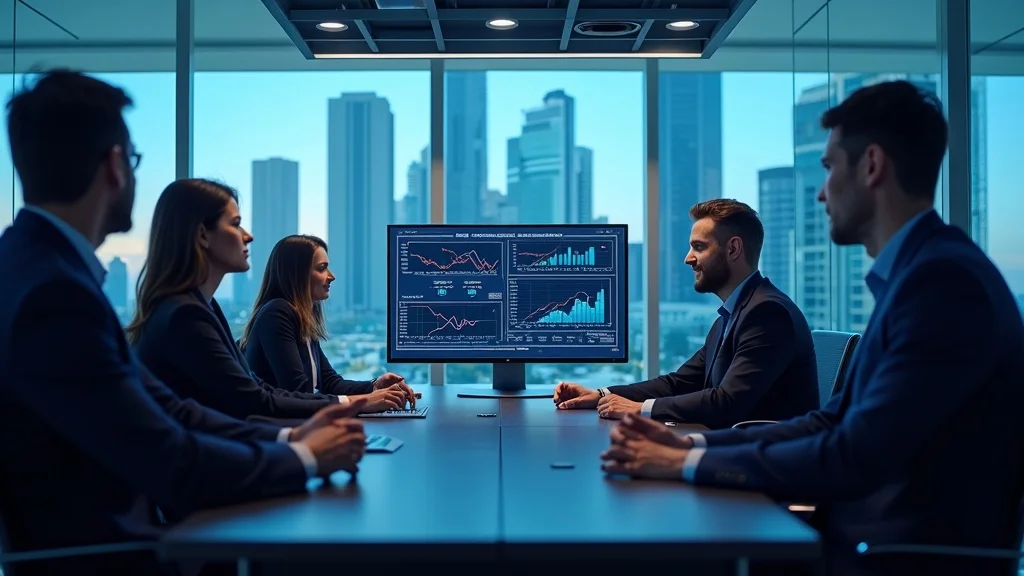 Business meeting with five professionals in suits discussing growth metrics, financial charts on screen, urban skyline in background, highlighting investor engagement and startup potential in Orange County.