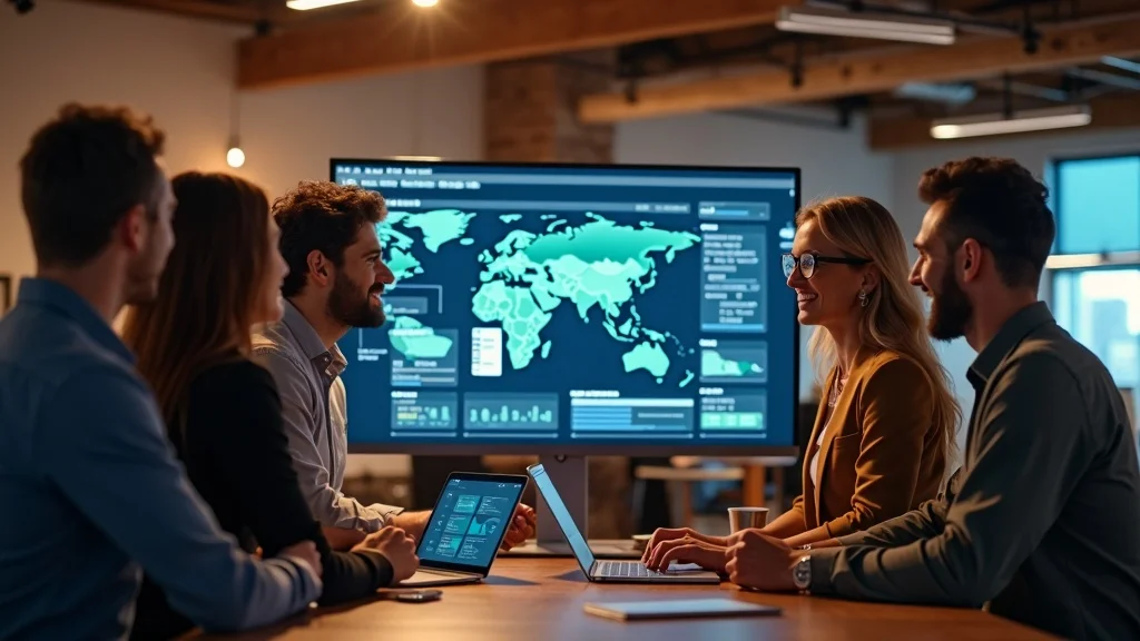 Group of professionals collaborating in a modern office, analyzing data on a large screen displaying global analytics and metrics, with laptops and tablets on the table, emphasizing AI integration and strategic discussions for startup growth.