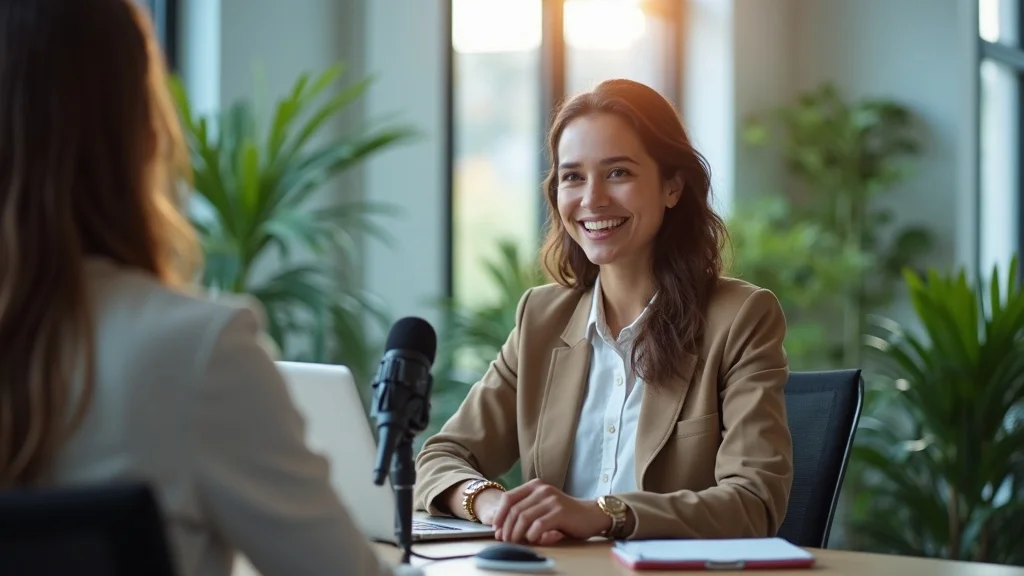 Professional startup founder being interviewed—Spotlight on Startups expert interview for scaling a startup business, sunlit modern office, glass walls, microphone, laptop.