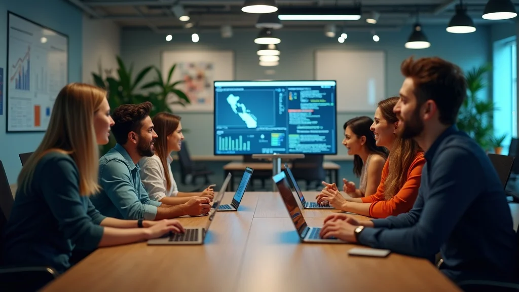 Orange County startup office, tech companies collaborating on laptops and digital screens, OC map visible, vibrant workspace