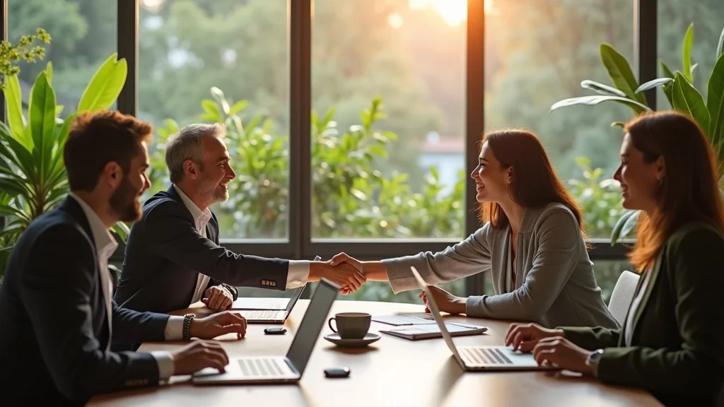 Business meeting with diverse professionals shaking hands and collaborating over laptops, surrounded by greenery, symbolizing innovation and partnership in Orange County's AI-first startup ecosystem.