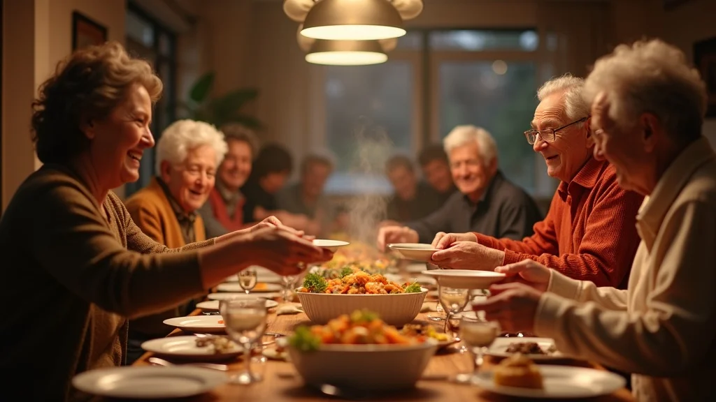 Intergenerational Thanksgiving meal in Orange County—older adults, young entrepreneurs, communal table, passing food, festive autumn setting, joyful faces, photorealistic detail, inviting lighting.