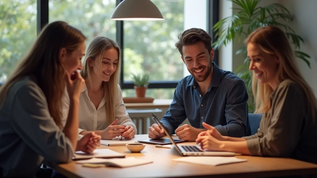 Group of four young professionals collaborating at a table with a laptop, discussing startup strategies in a bright office setting, reflecting the Orange County tech funding landscape.