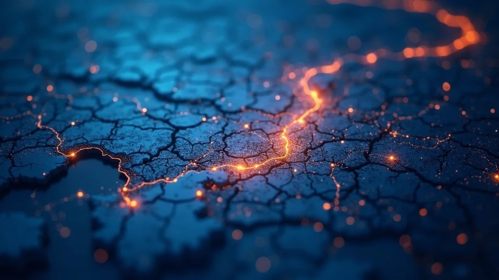 Abstract digital representation of a network with glowing lines on a cracked blue surface, symbolizing data connectivity and AI-driven innovation in Orange County startups.