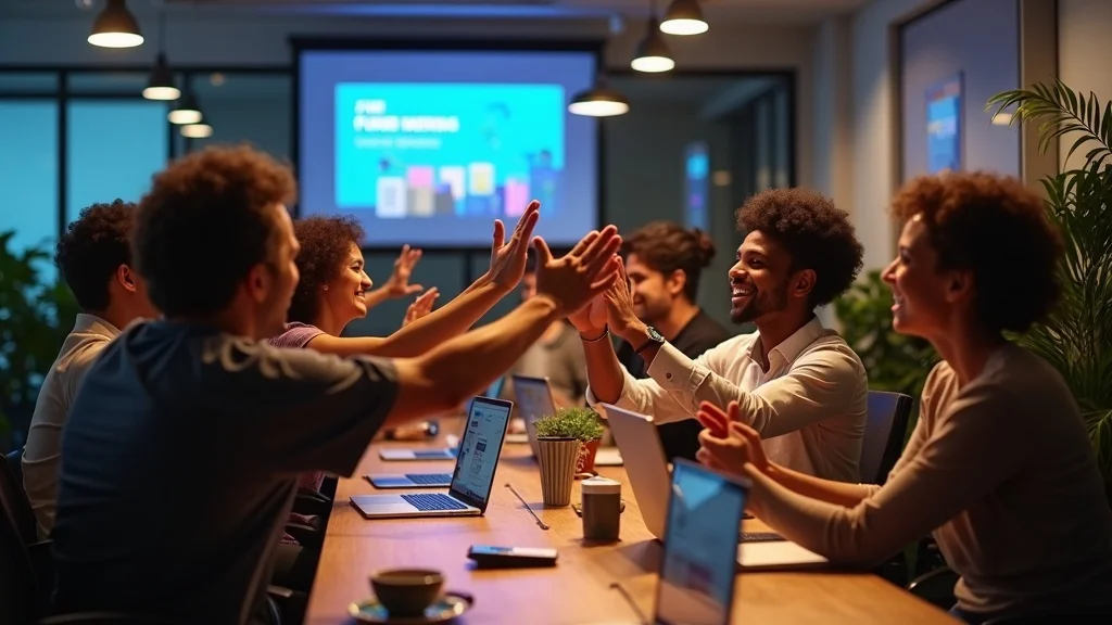 Diverse startup team celebrating after fundraising win—team alignment enabled by founder interview assets, open-plan office.