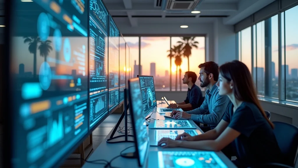 Team analyzing data on multiple screens in a modern office, showcasing AI-driven analytics for tech startups in Orange County.