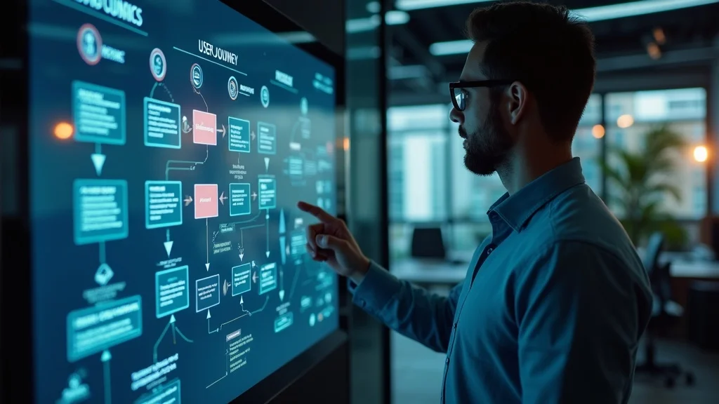 Man analyzing user journey flowchart on a digital screen, emphasizing data-driven insights for startup growth and optimization strategies.