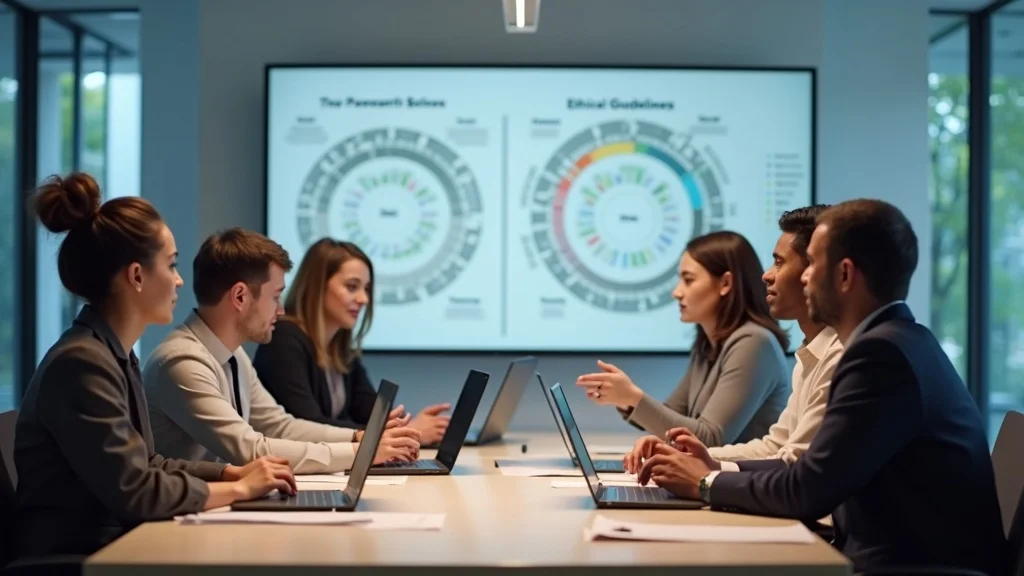 Group of professionals in a meeting discussing AI ethics, with laptops open and a presentation on ethical guidelines displayed in the background.