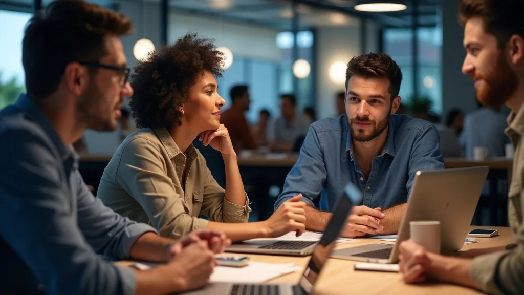 Group of diverse professionals engaged in a collaborative discussion at a tech startup workspace, with laptops and coffee cups on the table, reflecting the challenges of recruitment and community in Orange County's tech ecosystem.
