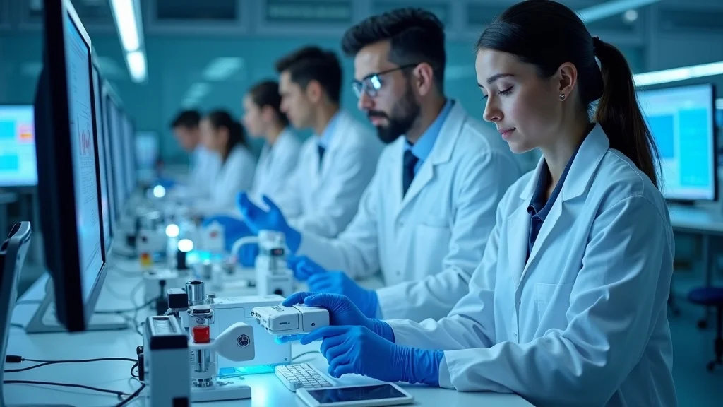 Lab technicians in white coats working with advanced medical technology and computer screens in a research setting, reflecting Orange County's med-tech and biotech startup ecosystem.