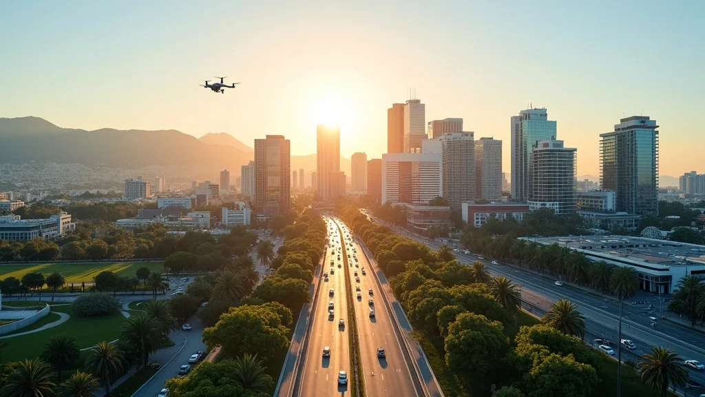 Aerial view of a bustling urban landscape at sunset, featuring skyscrapers, busy roads with vehicles, and a drone flying overhead, symbolizing innovation and technology in a modern city.
