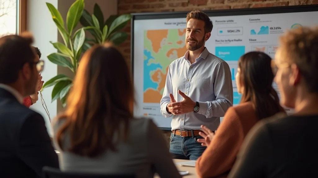 Man presenting in a meeting room, discussing startup metrics with a focus on customer retention and market fit, surrounded by attentive colleagues and a digital display showing relevant data.