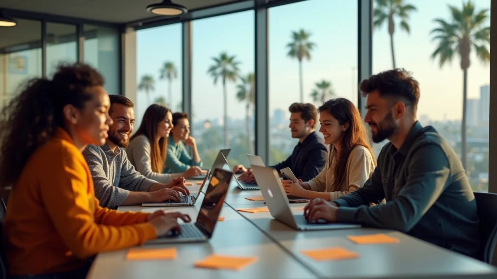 Orange County tech office environment with diverse professionals collaborating in a photorealistic coworking space, large windows with palm trees, energetic body language, post-it notes, and tech gadgets. Orange County tech startup talent acquisition visual.