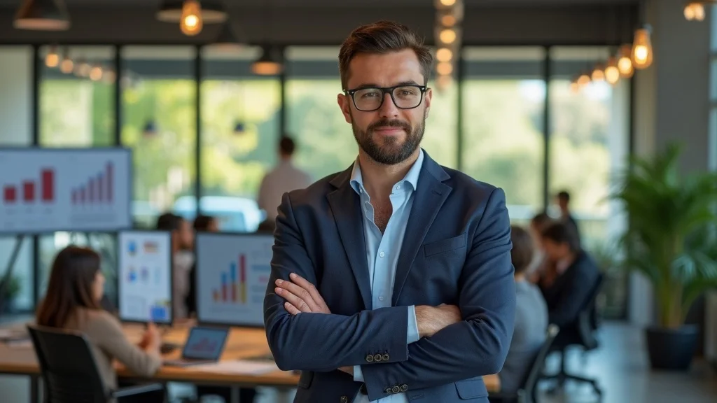 Business professional in a modern office setting, showcasing AI-driven analytics on screens, with colleagues collaborating in the background, highlighting the startup culture in Orange County's tech ecosystem.