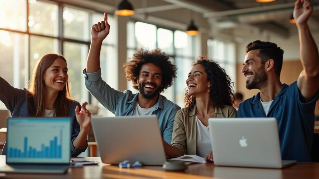 Group of diverse young professionals celebrating in a bright workspace, with laptops and a bar graph on a screen, reflecting the excitement of tech startup funding in Orange County.
