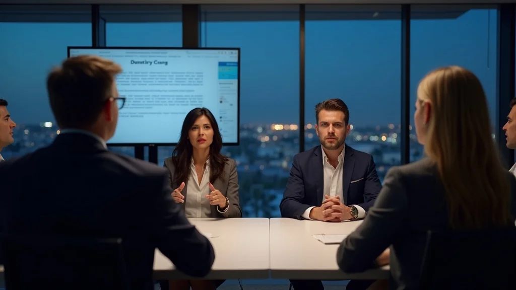 Business meeting with diverse professionals discussing strategies, digital presentation in background, evening city view through windows.