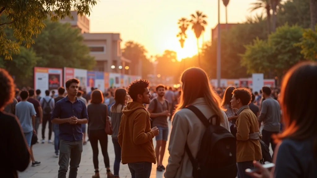 Crowd of people interacting at sunset during a vibrant outdoor event, showcasing community engagement and networking in a lively atmosphere.