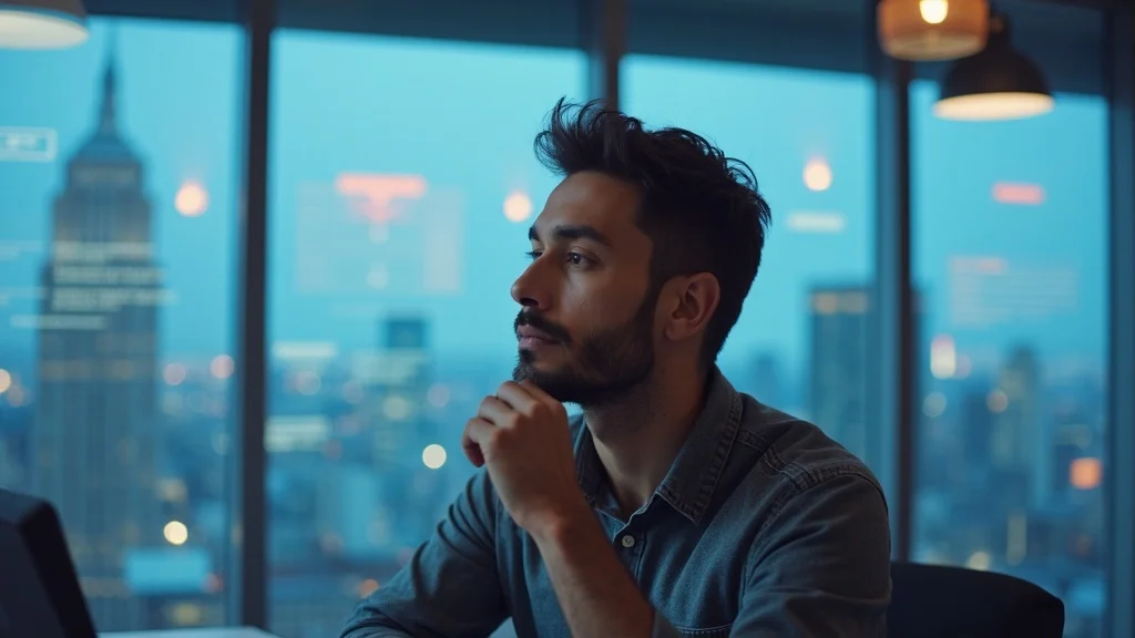 Man contemplating in a modern office with a city skyline view, emphasizing strategic thinking and startup readiness, relevant to investor evaluation and team structure discussions.