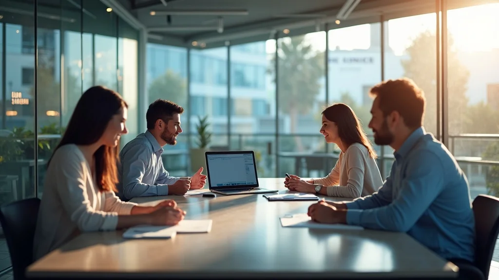Group of four professionals in a modern office setting engaging in a collaborative discussion, with a laptop on the table, highlighting teamwork in the Orange County tech startup ecosystem.