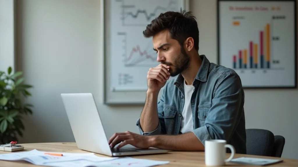 Man focused on laptop, analyzing data, with financial charts in background, illustrating AI integration challenges for Orange County startups.