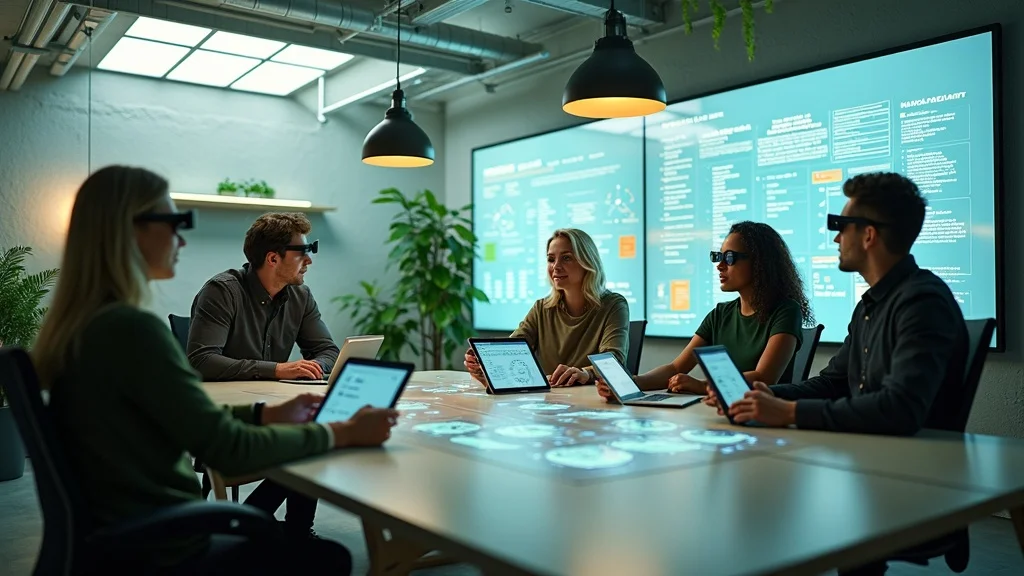 Group of professionals wearing smart glasses in a modern meeting room, collaborating with digital tablets and interactive projections, emphasizing innovation and technology in startup strategies.