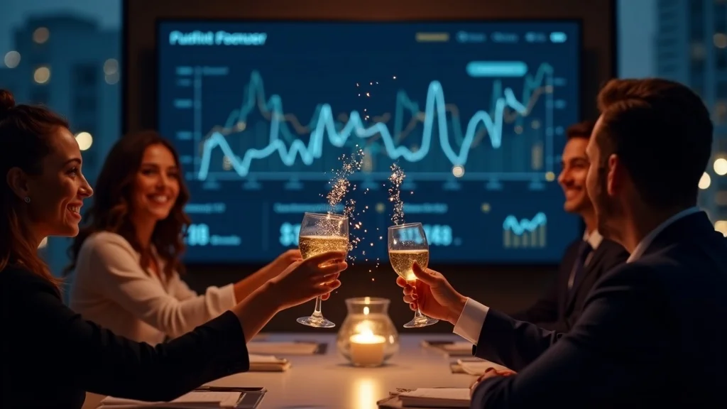 Celebration among diverse professionals toasting with champagne glasses, with a background display of growth metrics and analytics, symbolizing success and data-driven decision-making in startup environments.