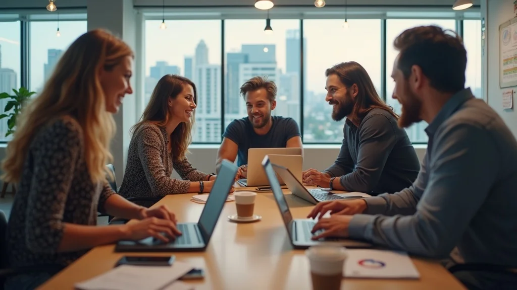 Group of diverse professionals collaborating in a modern office setting, engaged in discussion with laptops and coffee, symbolizing the vibrant startup culture in Orange County's AI-driven ecosystem.