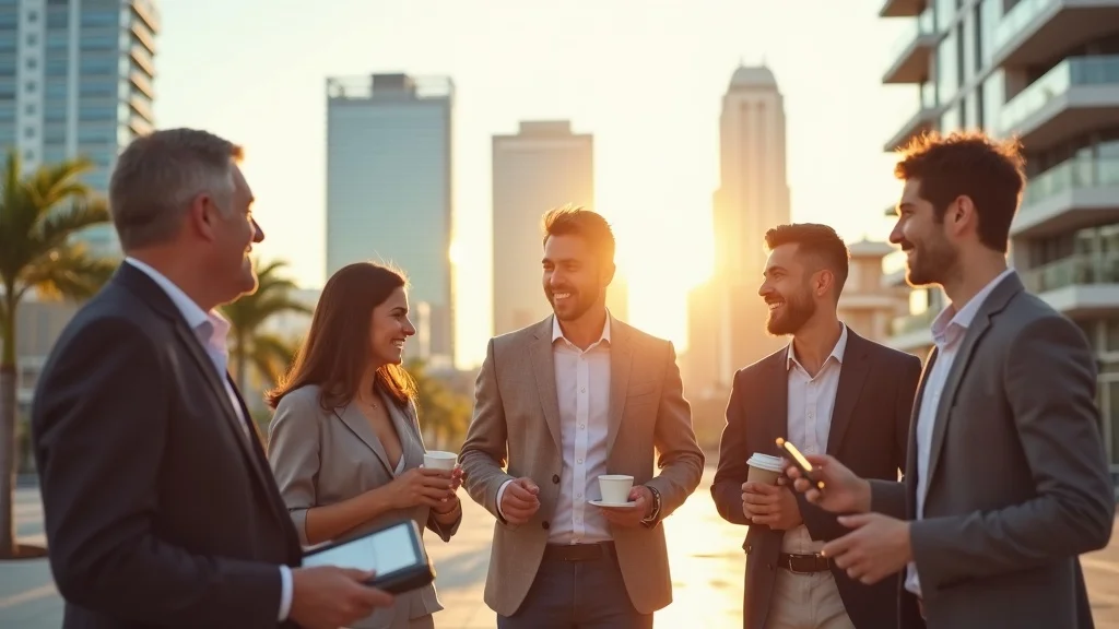 Vibrant Orange County business district skyline with diverse business professionals collaborating—winning corporate partnerships for orange county tech startups