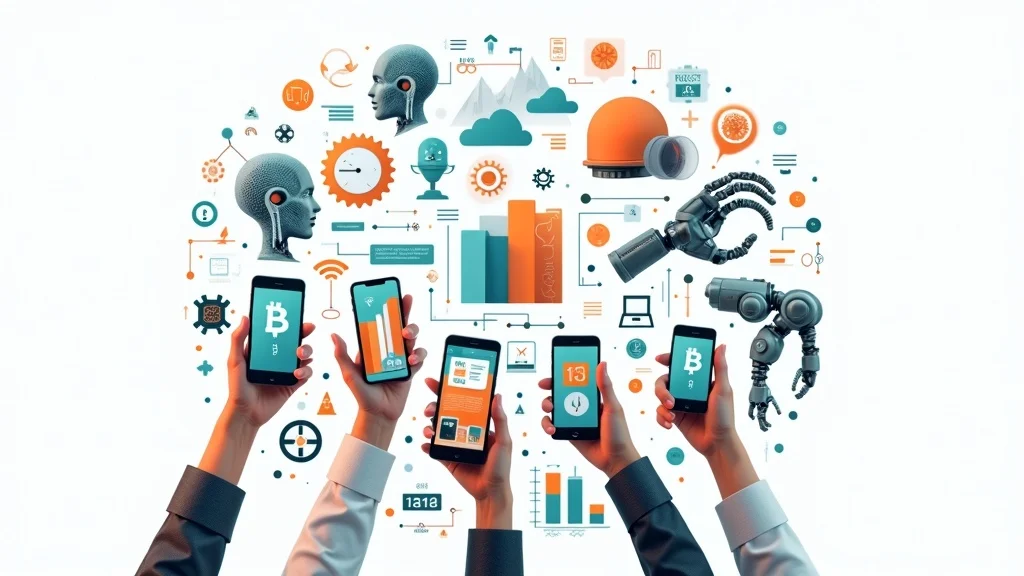 Vivid collage of Orange County tech companies, highlights AI, healthtech, fintech, e-commerce, and robotics, with hands holding phones and wearables