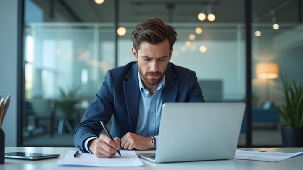 Focused OC startup founder reviewing enterprise compliance paperwork—county startup partnership requirements
