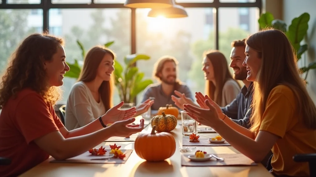 Orange County founders sharing Thanksgiving joy and gratitude at a co-working space, autumn decorations, open office, dynamic community interaction, warm orange and gold tones, smiling faces, realistic details, captured in daylight.