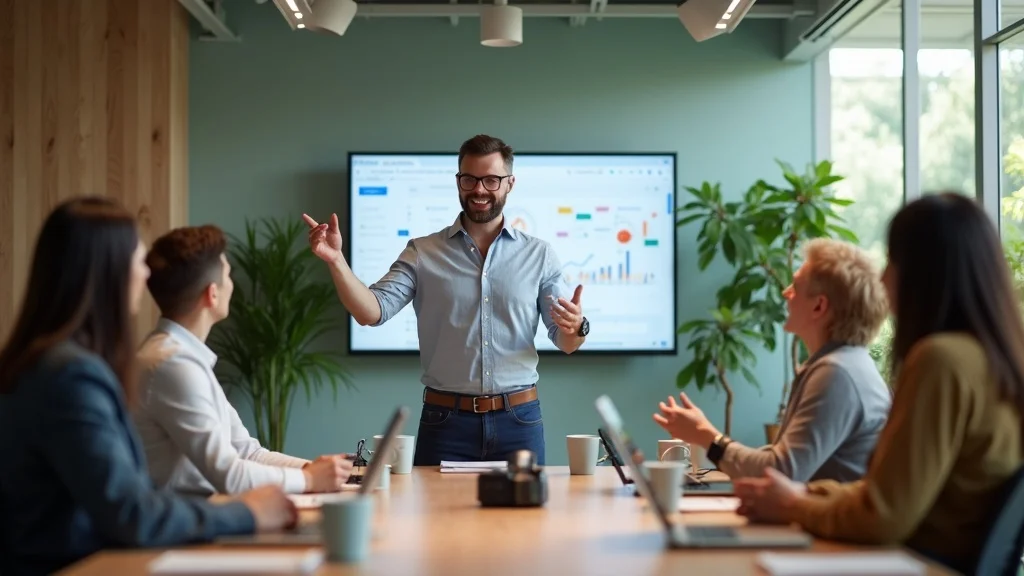 Business meeting with a presenter gesturing towards a screen displaying charts and data, emphasizing startup funding strategies in Orange County.