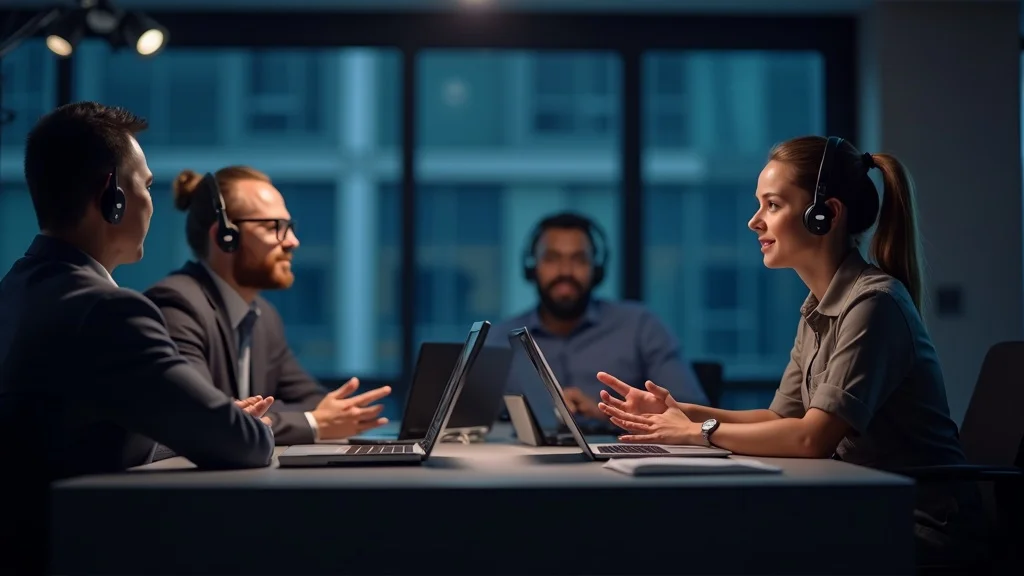 Panel of startup experts discussing founder interview impact—professional insights on scaling a startup business, webinar studio.