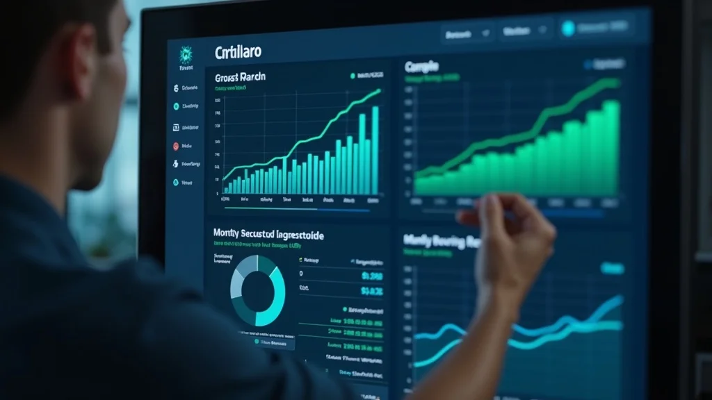 Dashboard displaying gross margin and monthly recurring revenue charts in a startup office